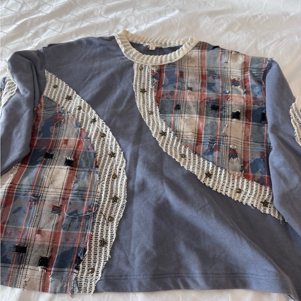 POL‎ Plaid Patchwork Stars Sweatshirt Size Large